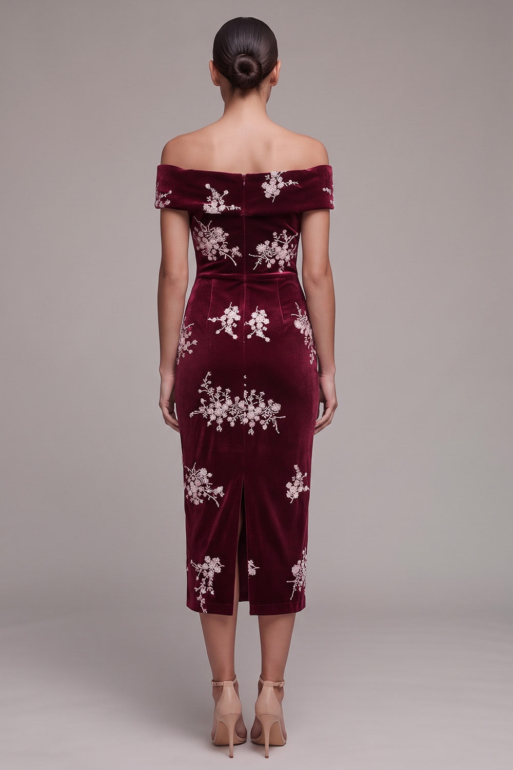 Burgundy Off the Shoulder Floral Beaded Velvet Midi Holiday Party Dress with Slit