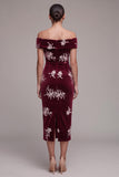 Burgundy Off the Shoulder Floral Beaded Velvet Midi Holiday Party Dress with Slit