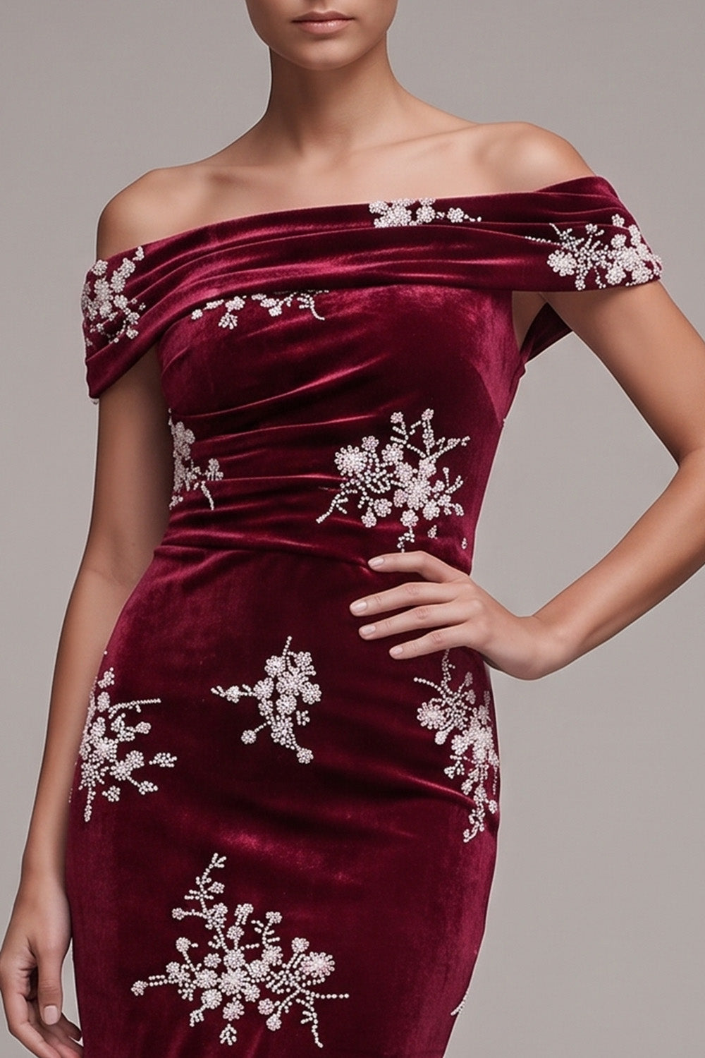 Burgundy Off the Shoulder Floral Beaded Velvet Midi Holiday Party Dress with Slit