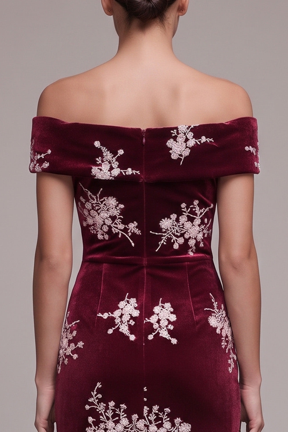 Burgundy Off the Shoulder Floral Beaded Velvet Midi Holiday Party Dress with Slit