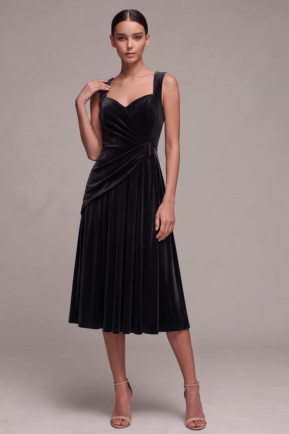 Burgundy Velvet A Line Ruched Thick Straps Midi Holiday Party Dress