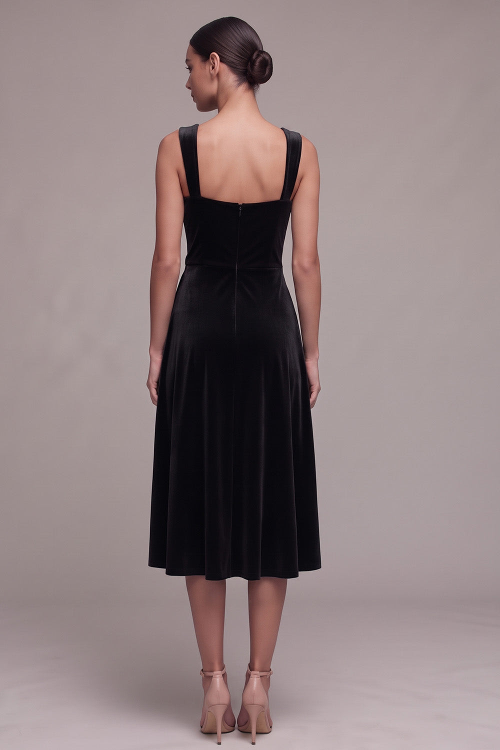 Burgundy Velvet A Line Ruched Thick Straps Midi Holiday Party Dress