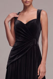 Burgundy Velvet A Line Ruched Thick Straps Midi Holiday Party Dress