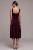 Burgundy Velvet A Line Ruched Thick Straps Midi Holiday Party Dress