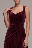 Burgundy Velvet A Line Ruched Thick Straps Midi Holiday Party Dress