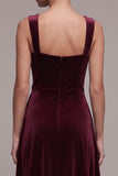 Burgundy Velvet A Line Ruched Thick Straps Midi Holiday Party Dress