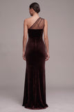Mermaid One Shoulder Brown Velvet Long Holiday Party Dress