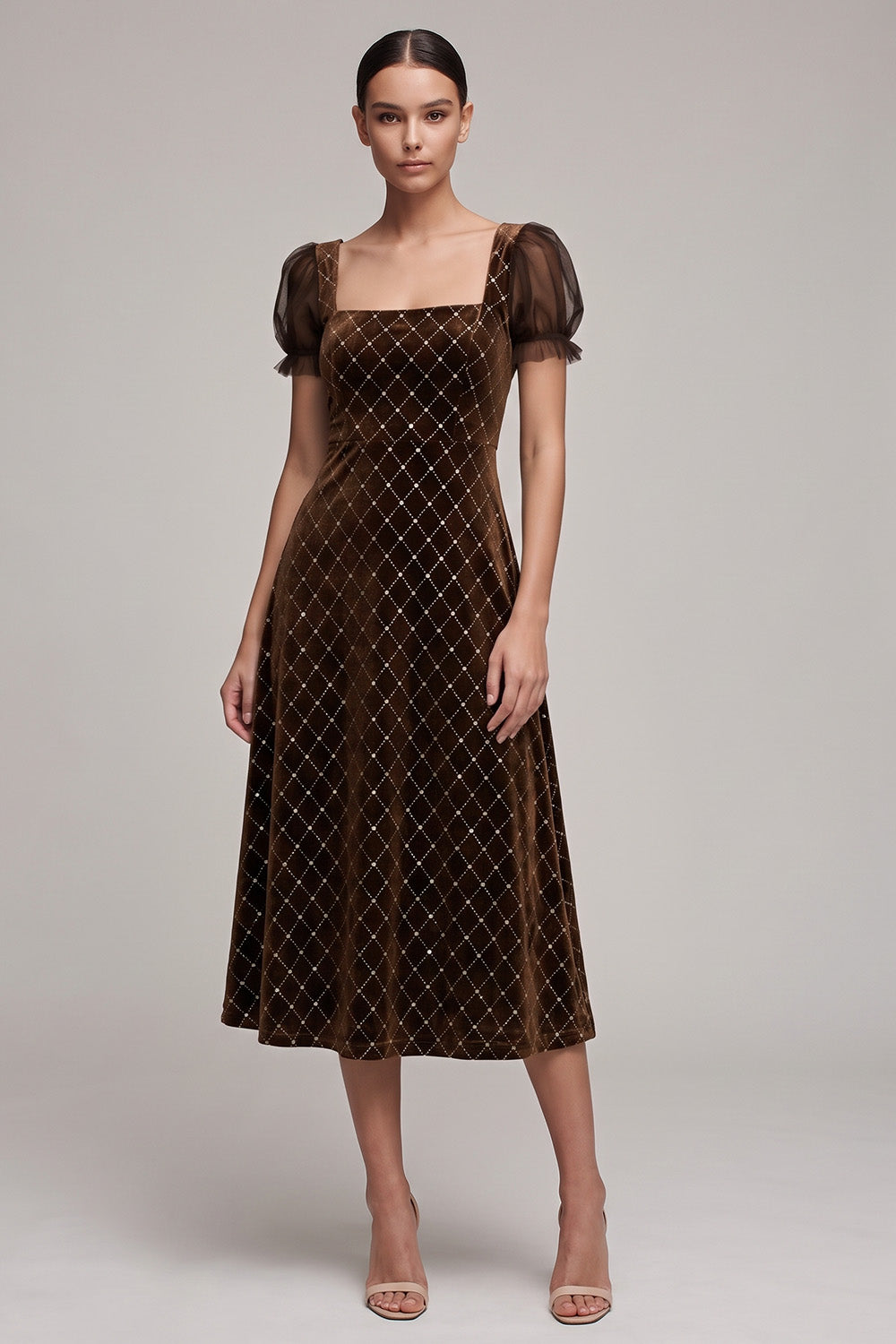 A-Line Square Neck Coffee Beaded Velvet Puff Sleeves Midi Holiday Party Dress