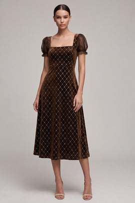 A-Line Square Neck Coffee Beaded Velvet Puff Sleeves Midi Holiday Party Dress