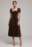 A-Line Square Neck Coffee Beaded Velvet Puff Sleeves Midi Holiday Party Dress