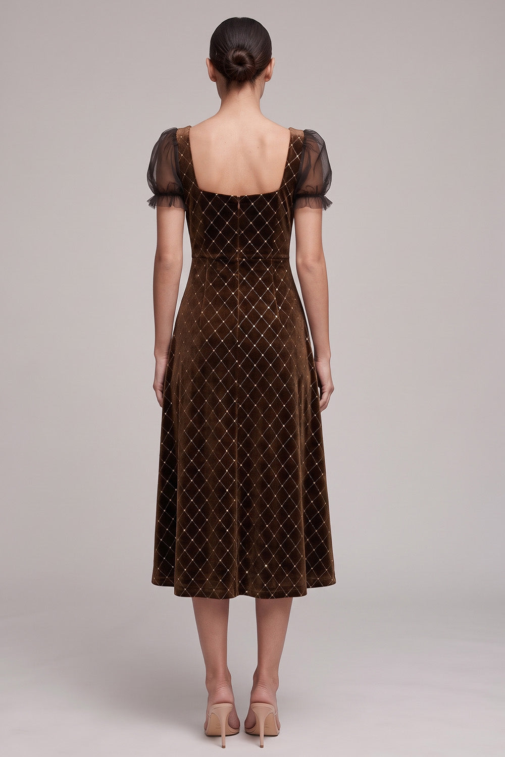 A-Line Square Neck Coffee Beaded Velvet Puff Sleeves Midi Holiday Party Dress