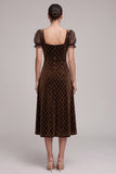 A-Line Square Neck Coffee Beaded Velvet Puff Sleeves Midi Holiday Party Dress