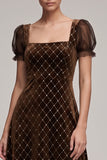 A-Line Square Neck Coffee Beaded Velvet Puff Sleeves Midi Holiday Party Dress