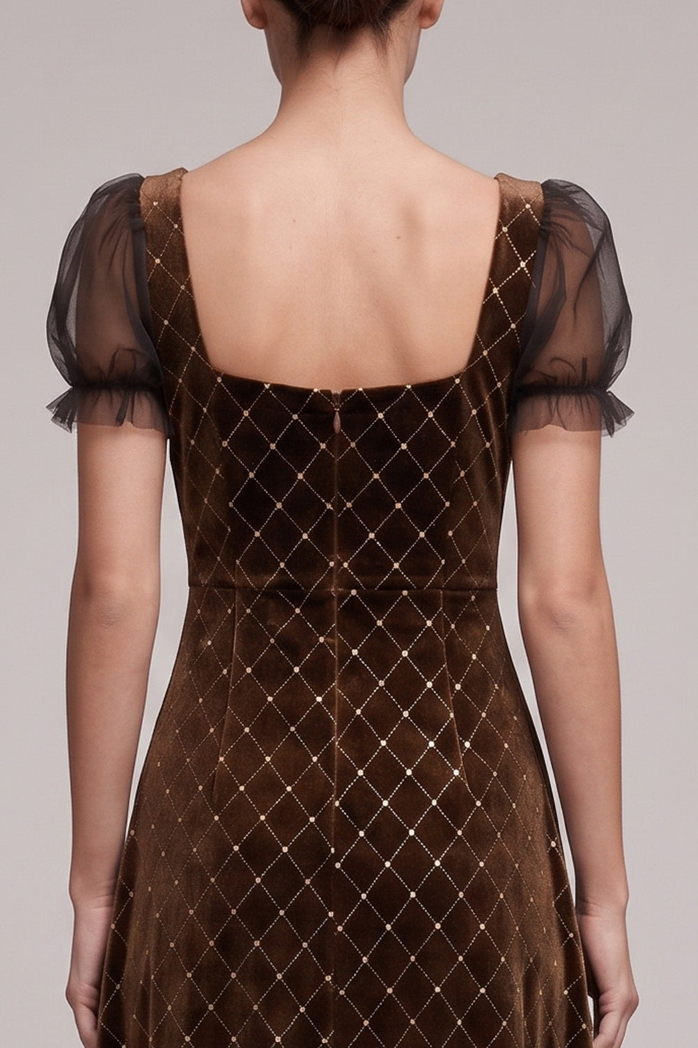 A-Line Square Neck Coffee Beaded Velvet Puff Sleeves Midi Holiday Party Dress