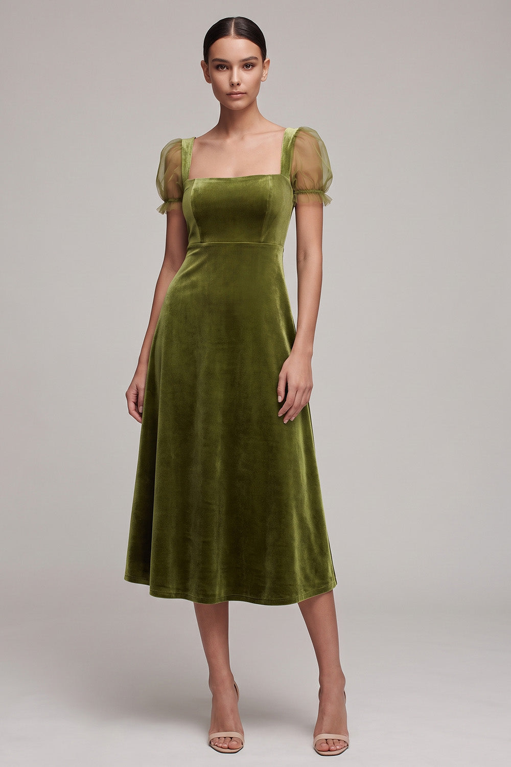A-Line Square Neck Coffee Beaded Velvet Puff Sleeves Midi Holiday Party Dress