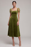 A-Line Square Neck Coffee Beaded Velvet Puff Sleeves Midi Holiday Party Dress