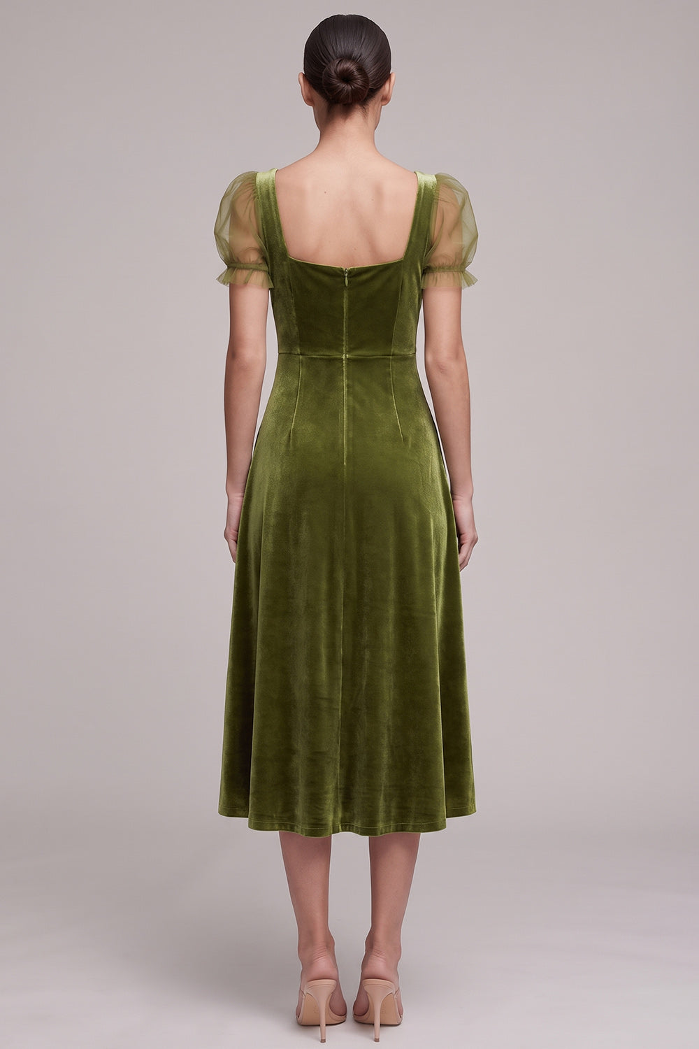 A-Line Square Neck Coffee Beaded Velvet Puff Sleeves Midi Holiday Party Dress