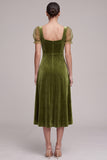 A-Line Square Neck Coffee Beaded Velvet Puff Sleeves Midi Holiday Party Dress