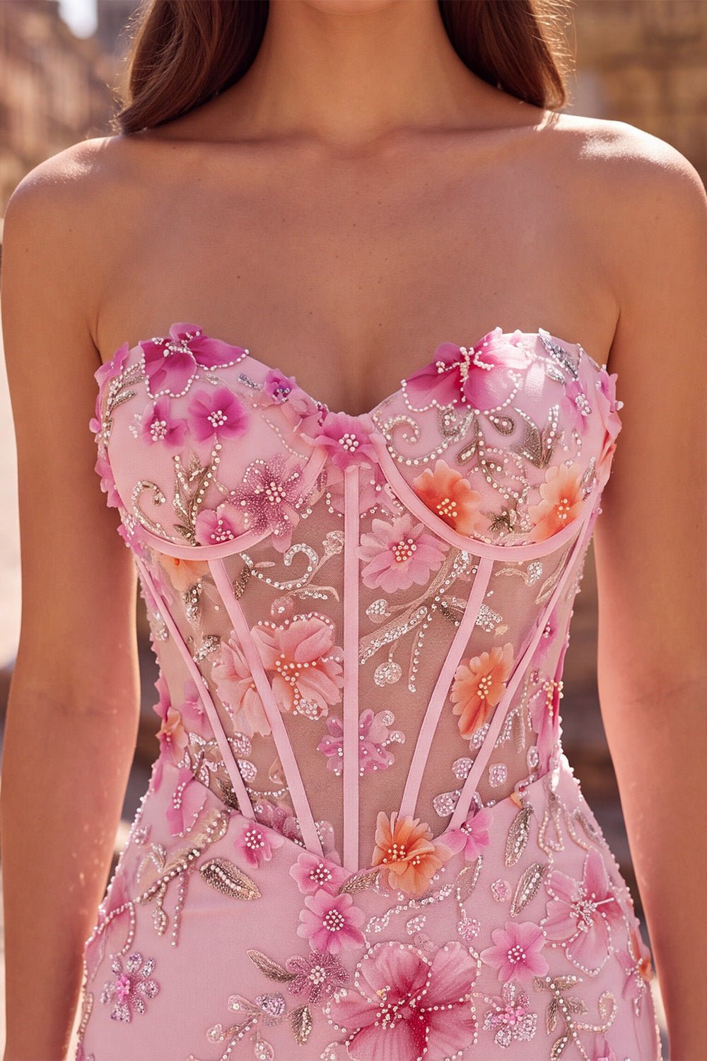Sparkly Pink Corset Floral Beaded Mermaid Sweetheart Long Prom Dress with Slit