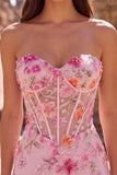 Sparkly Pink Corset Floral Beaded Mermaid Sweetheart Long Prom Dress with Slit