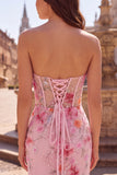 Sparkly Pink Corset Floral Beaded Mermaid Sweetheart Long Prom Dress with Slit