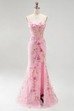 Sparkly Pink Corset Floral Beaded Mermaid Sweetheart Long Prom Dress with Slit