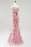 Sparkly Pink Corset Floral Beaded Mermaid Sweetheart Long Prom Dress with Slit