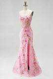 Sparkly Pink Corset Floral Beaded Mermaid Sweetheart Long Prom Dress with Slit