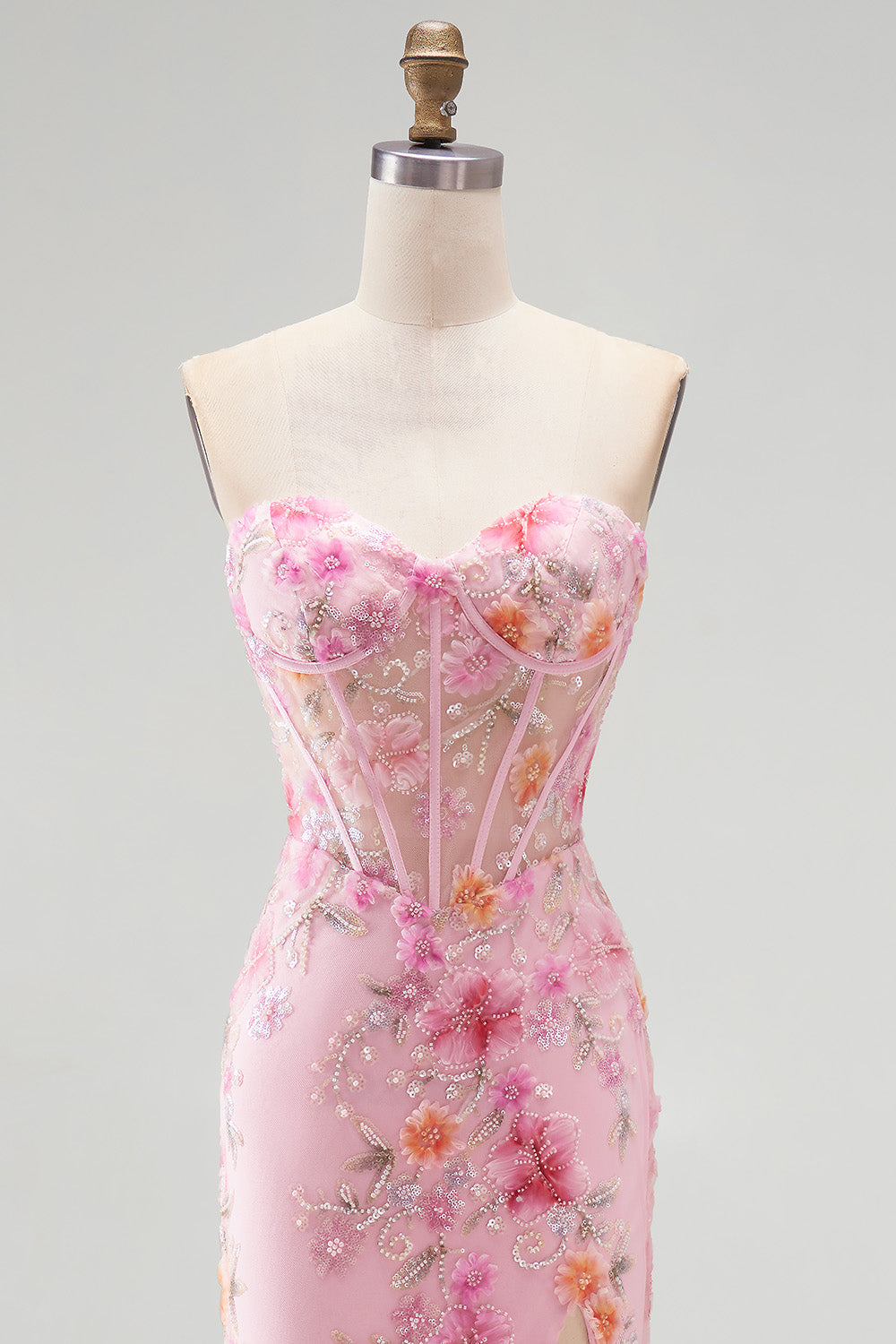 Sparkly Pink Corset Floral Beaded Mermaid Sweetheart Long Prom Dress with Slit