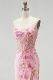 Sparkly Pink Corset Floral Beaded Mermaid Sweetheart Long Prom Dress with Slit