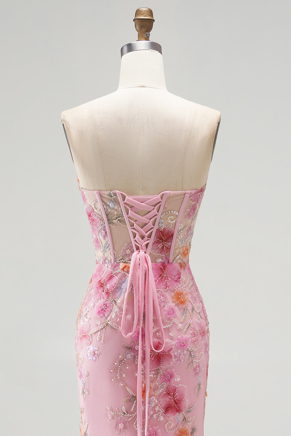 Sparkly Pink Corset Floral Beaded Mermaid Sweetheart Long Prom Dress with Slit