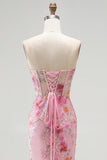 Sparkly Pink Corset Floral Beaded Mermaid Sweetheart Long Prom Dress with Slit