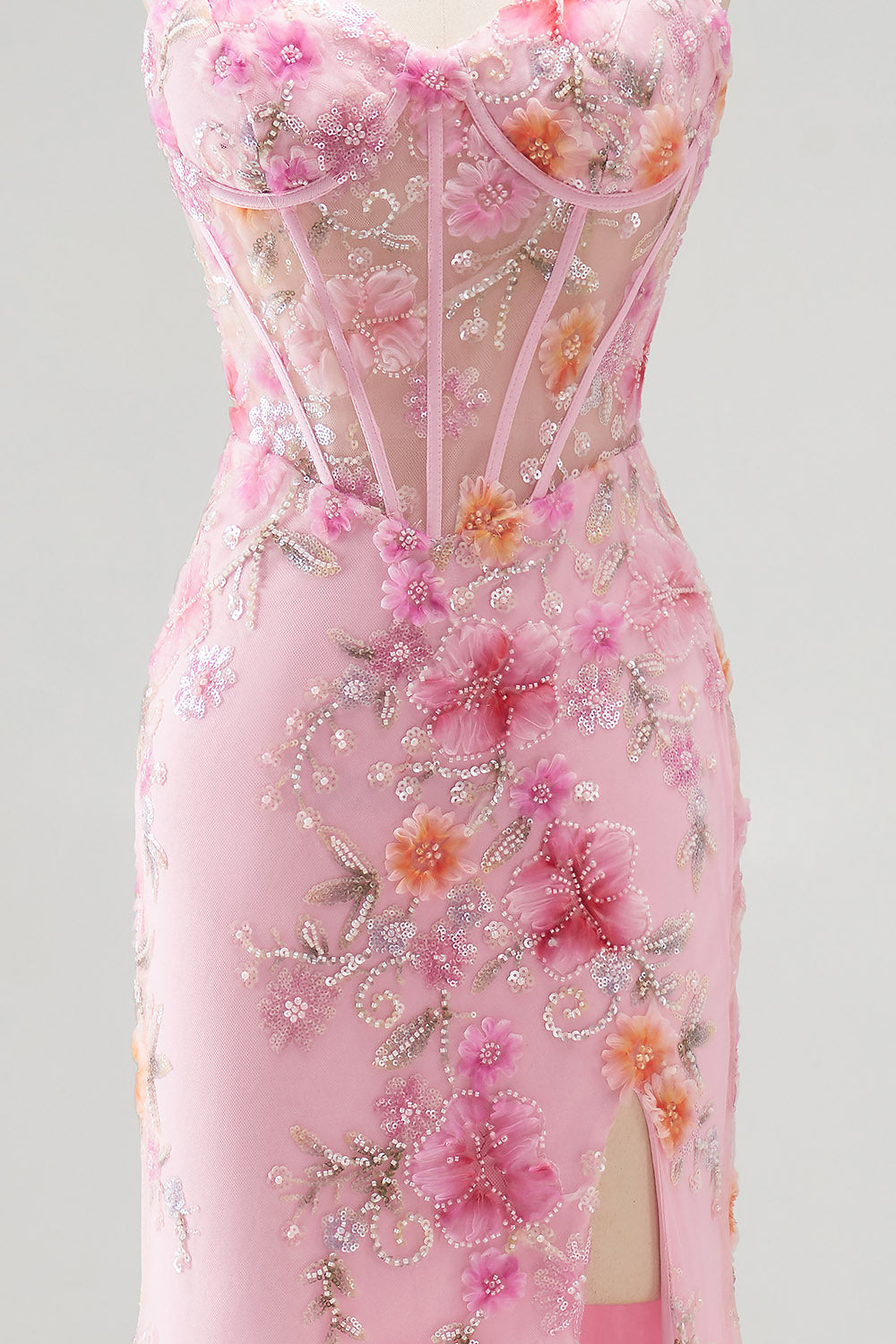 Sparkly Pink Corset Floral Beaded Mermaid Sweetheart Long Prom Dress with Slit