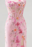 Sparkly Pink Corset Floral Beaded Mermaid Sweetheart Long Prom Dress with Slit