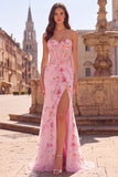 Sparkly Pink Corset Floral Beaded Mermaid Sweetheart Long Prom Dress with Slit