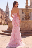 Sparkly Pink Corset Floral Beaded Mermaid Sweetheart Long Prom Dress with Slit