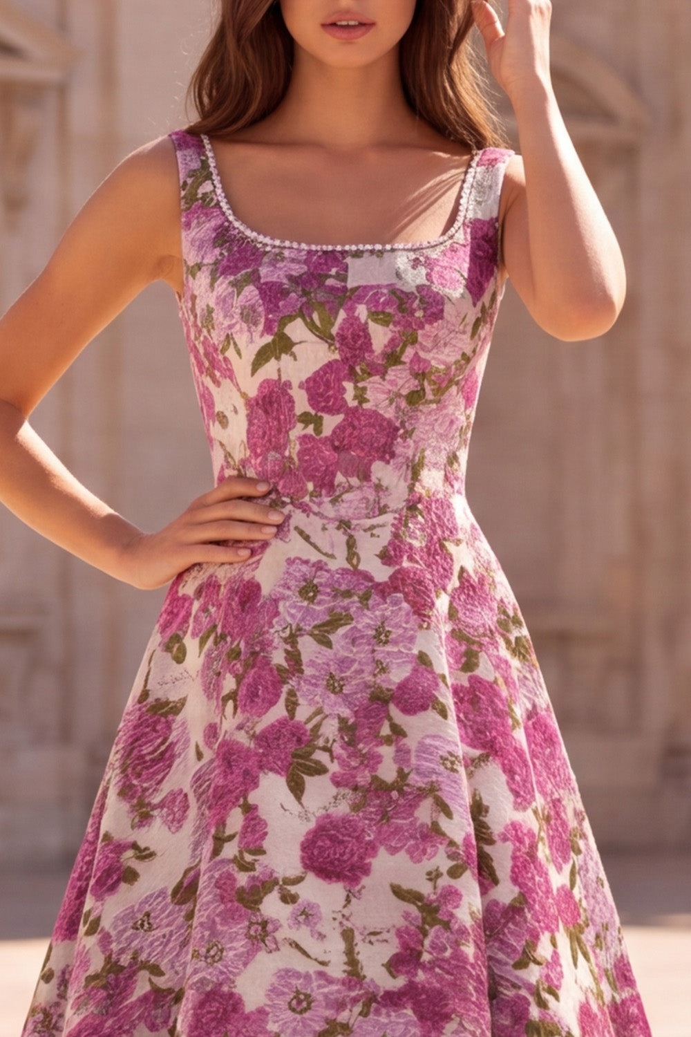 Fuchsia Jacquard Ruched A Line Scoop Neck Long Prom Dress with Pearls