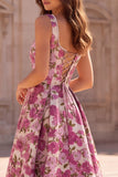 Fuchsia Jacquard Ruched A Line Scoop Neck Long Prom Dress with Pearls