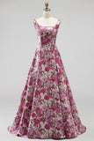 Fuchsia Jacquard Ruched A Line Scoop Neck Long Prom Dress with Pearls