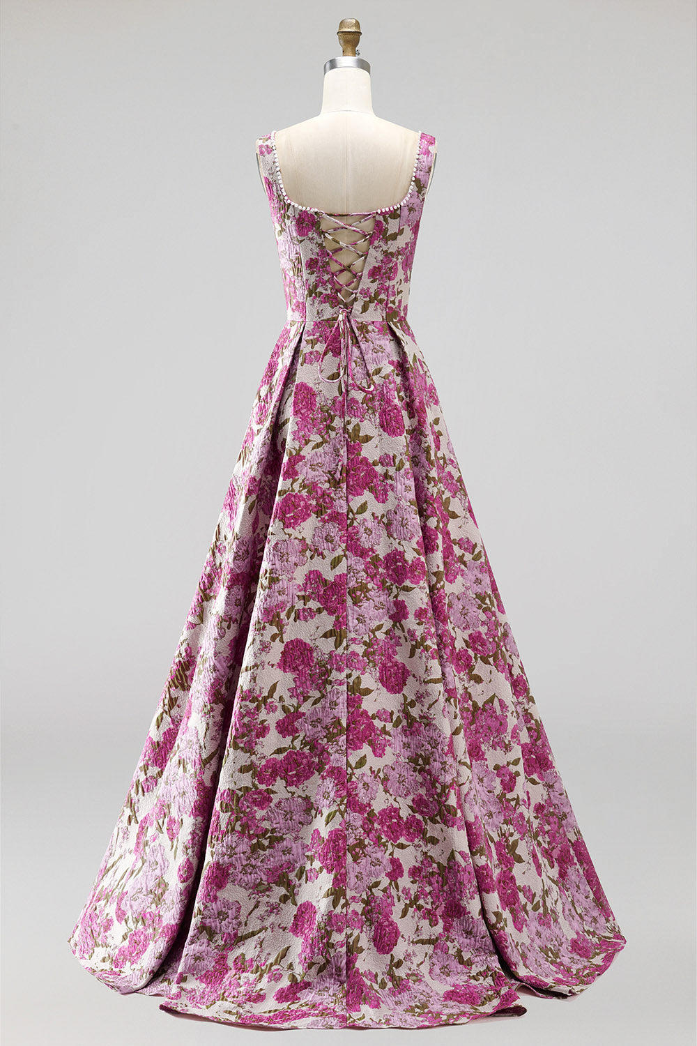 Fuchsia Jacquard Ruched A Line Scoop Neck Long Prom Dress with Pearls