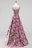 Fuchsia Jacquard Ruched A Line Scoop Neck Long Prom Dress with Pearls