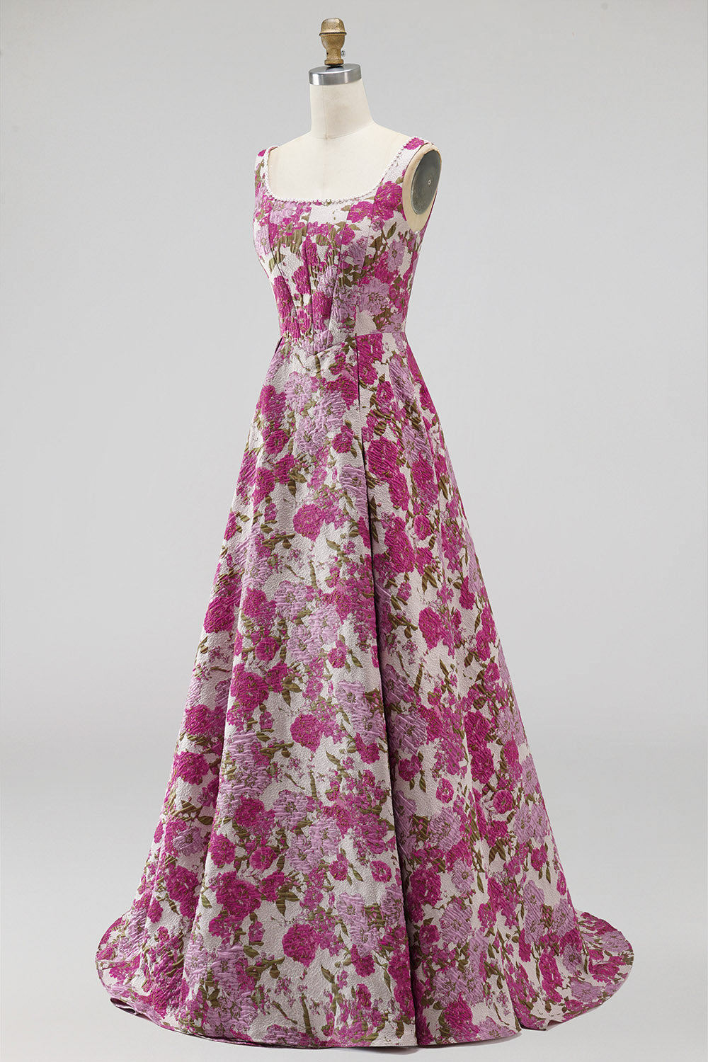 Fuchsia Jacquard Ruched A Line Scoop Neck Long Prom Dress with Pearls