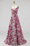 Fuchsia Jacquard Ruched A Line Scoop Neck Long Prom Dress with Pearls