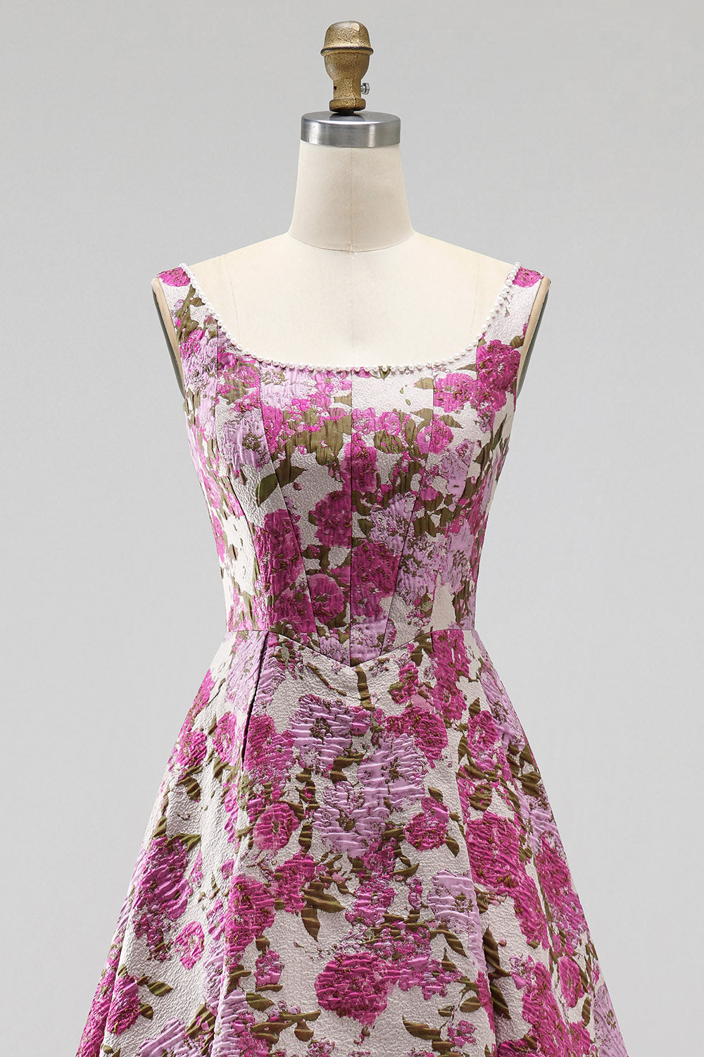 Fuchsia Jacquard Ruched A Line Scoop Neck Long Prom Dress with Pearls