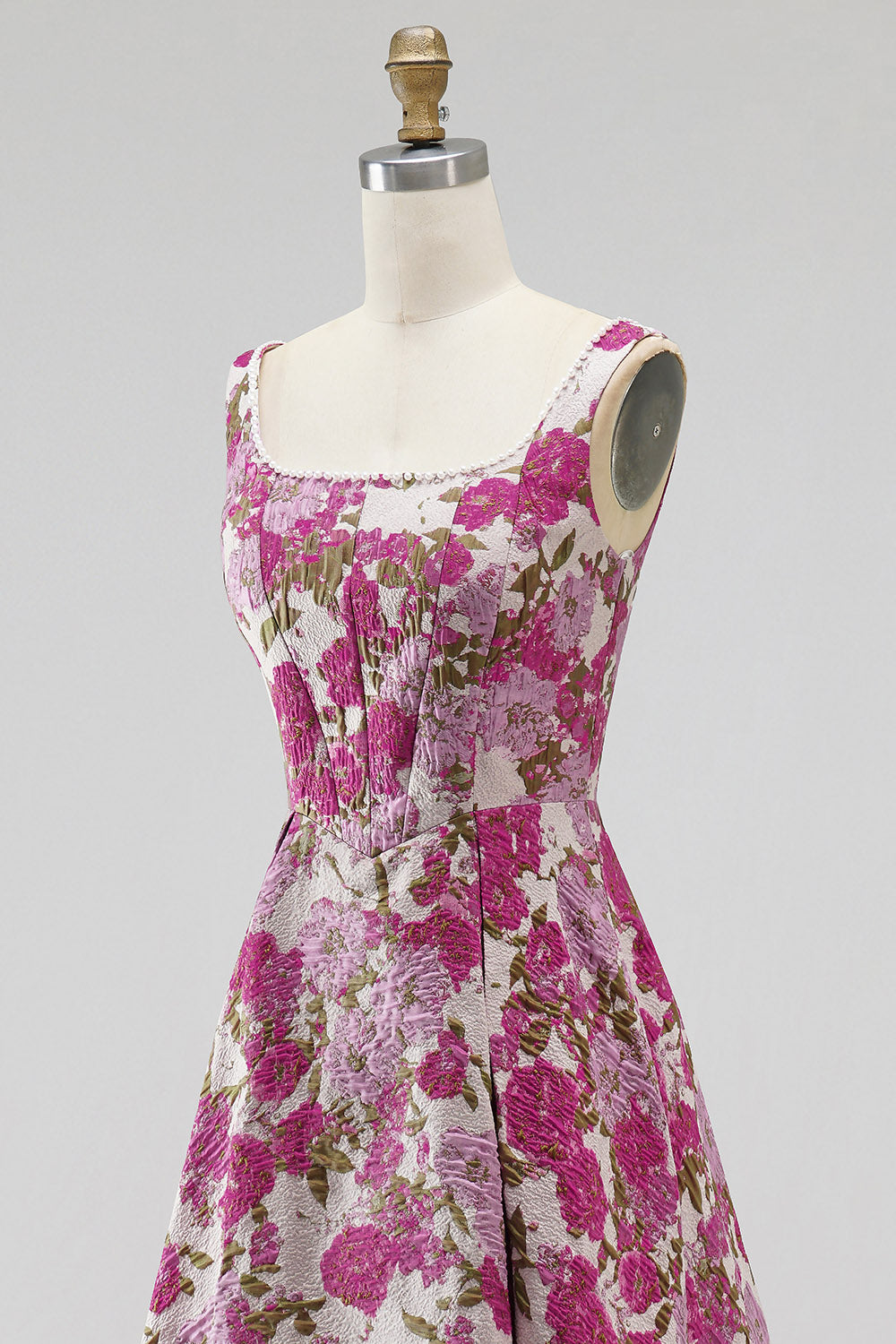 Fuchsia Jacquard Ruched A Line Scoop Neck Long Prom Dress with Pearls