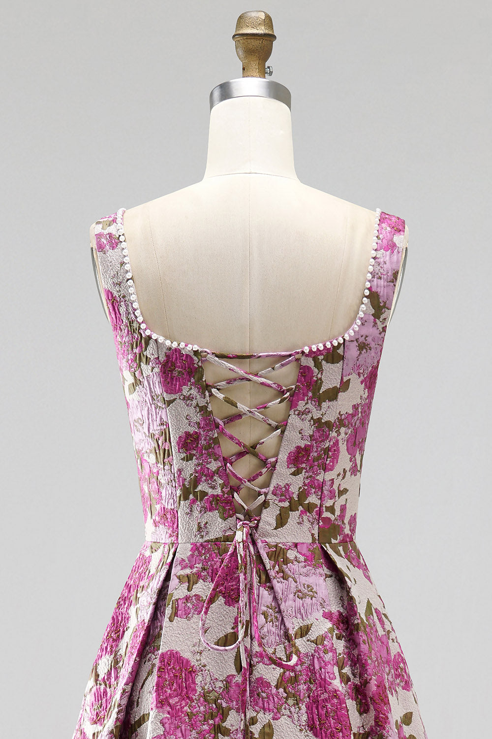 Fuchsia Jacquard Ruched A Line Scoop Neck Long Prom Dress with Pearls