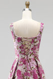 Fuchsia Jacquard Ruched A Line Scoop Neck Long Prom Dress with Pearls
