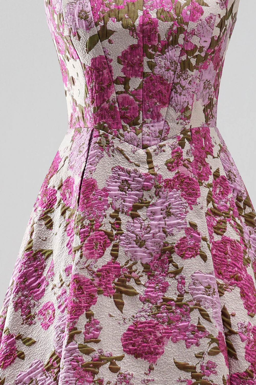 Fuchsia Jacquard Ruched A Line Scoop Neck Long Prom Dress with Pearls