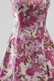 Fuchsia Jacquard Ruched A Line Scoop Neck Long Prom Dress with Pearls