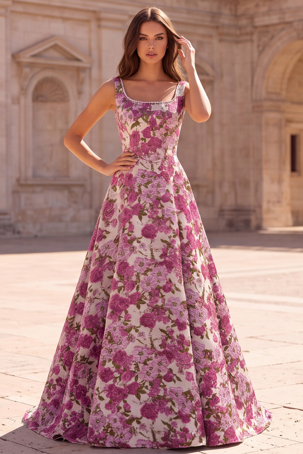 Fuchsia Jacquard Ruched A Line Scoop Neck Long Prom Dress with Pearls